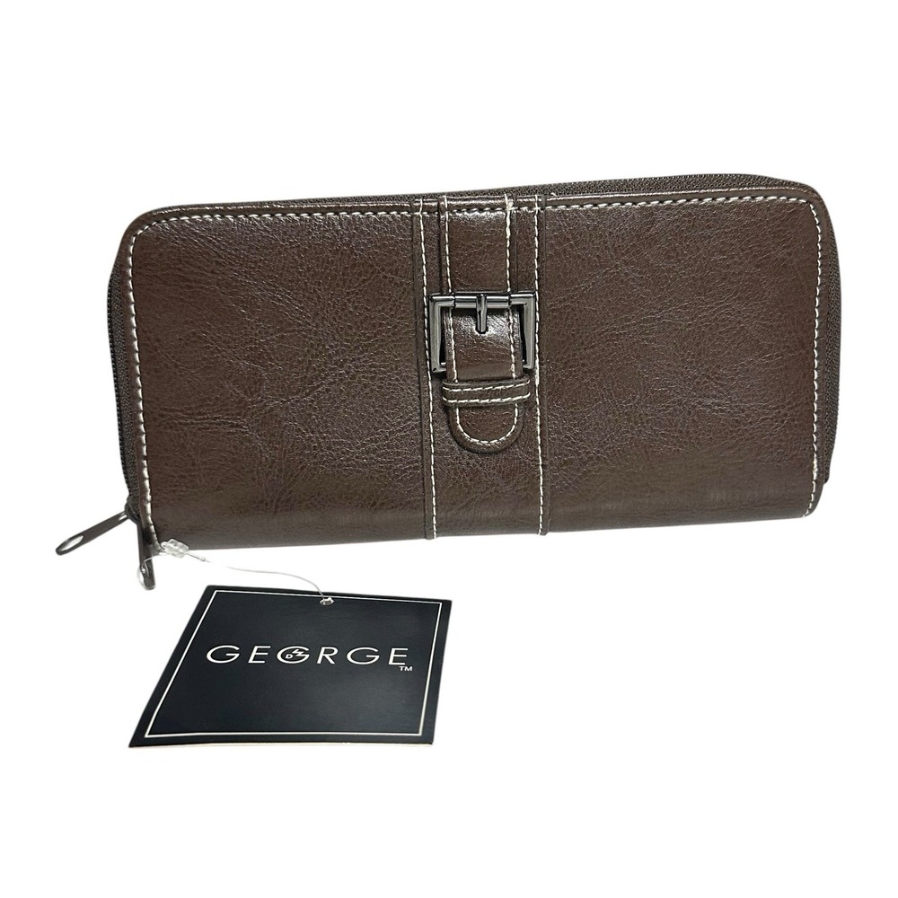 George Wallet Womens Brown Zip Around‎ Front Buckle Accent Pebbled Faux Leather